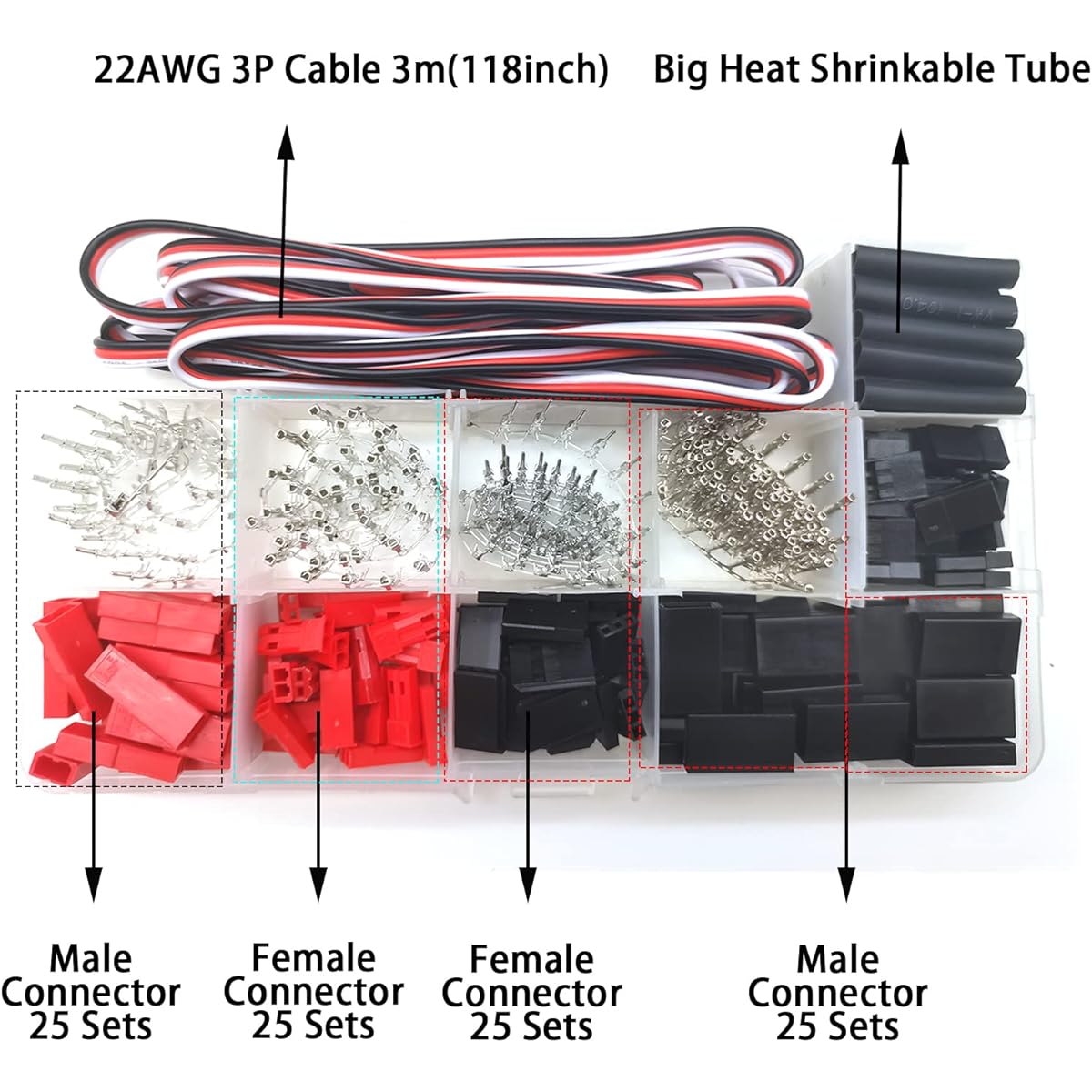KWBRC 50 Sets JST Servo Connector Male Female Plug Crimp Pin Cable Kit Compatible with SYP Futaba Hitec Spektrum RC Car and Airplane Models