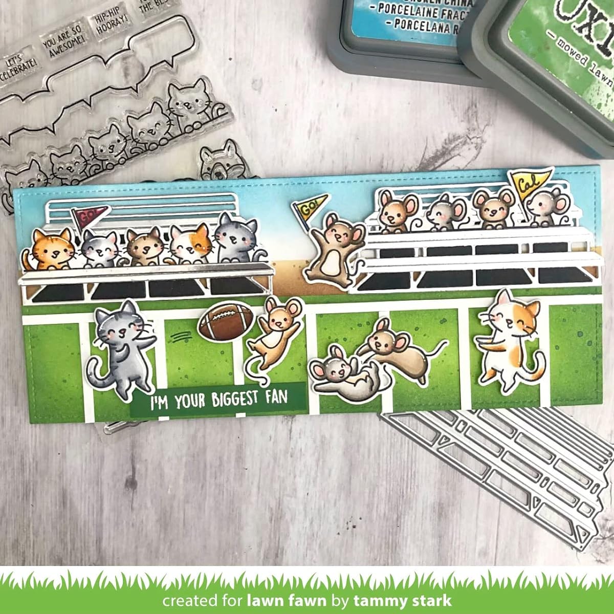 Lawn Fawn Tiny Sports Friends 3"x4" Clear Stamp Set with Stadium Seating Dies (LF2865, LF2866, LF2882) and 1 Stamp/Die Storage Pocket, 4 Item Bundle