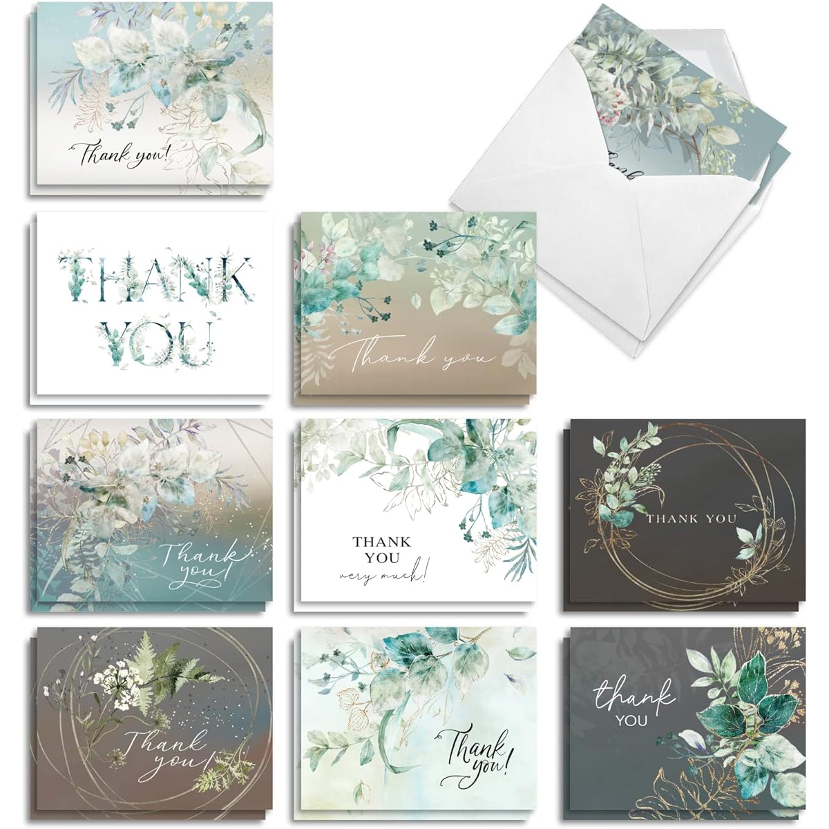 The Best Card Company Bulk Box Set of 20 Assorted Sympathy Thank You Note Cards, 4 x 5.12 Inch with Envelopes (10 Different Designs, 2 of Each) Greenery Gratitude AM10313STG-B2x10