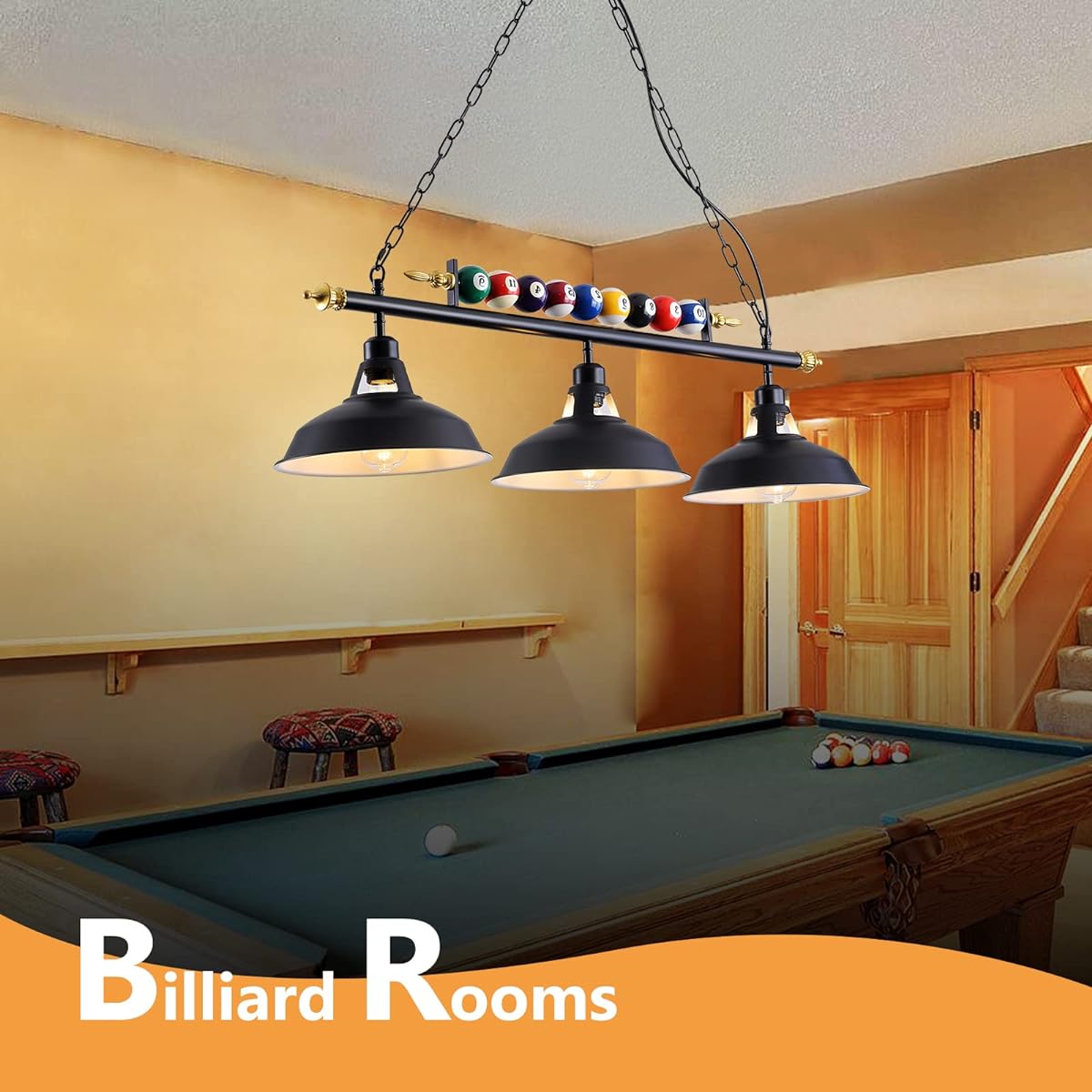 Mcacggo Billiard & Pool Table Light, 3-Light Hanging Pool Table Lighting for 7'-8' Tables with Black Matte Metal Shade and Billiard Ball Decoration for Billiard Room, Snooker Table, Kitchen Island