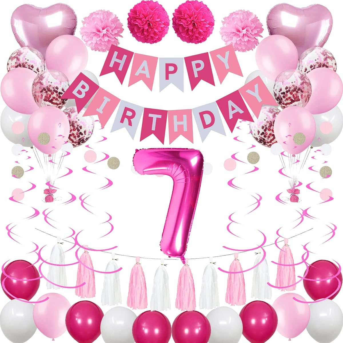 Sweet 7th Birthday Decorations for Girls, Pink and White 7 Happy Birthday Balloons, 7th Birthday Party Supplies, Pink Happy Birthday Banner, Hot Pink Number 7 Foil Balloons