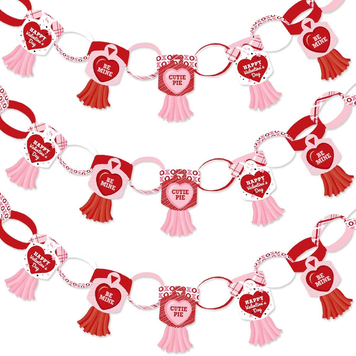 Big Dot of Happiness Conversation Hearts - 90 Chain Links, 30 Paper Tassels Decoration Kit - Valentine's Day Party Paper Chain Garland - 21 Feet