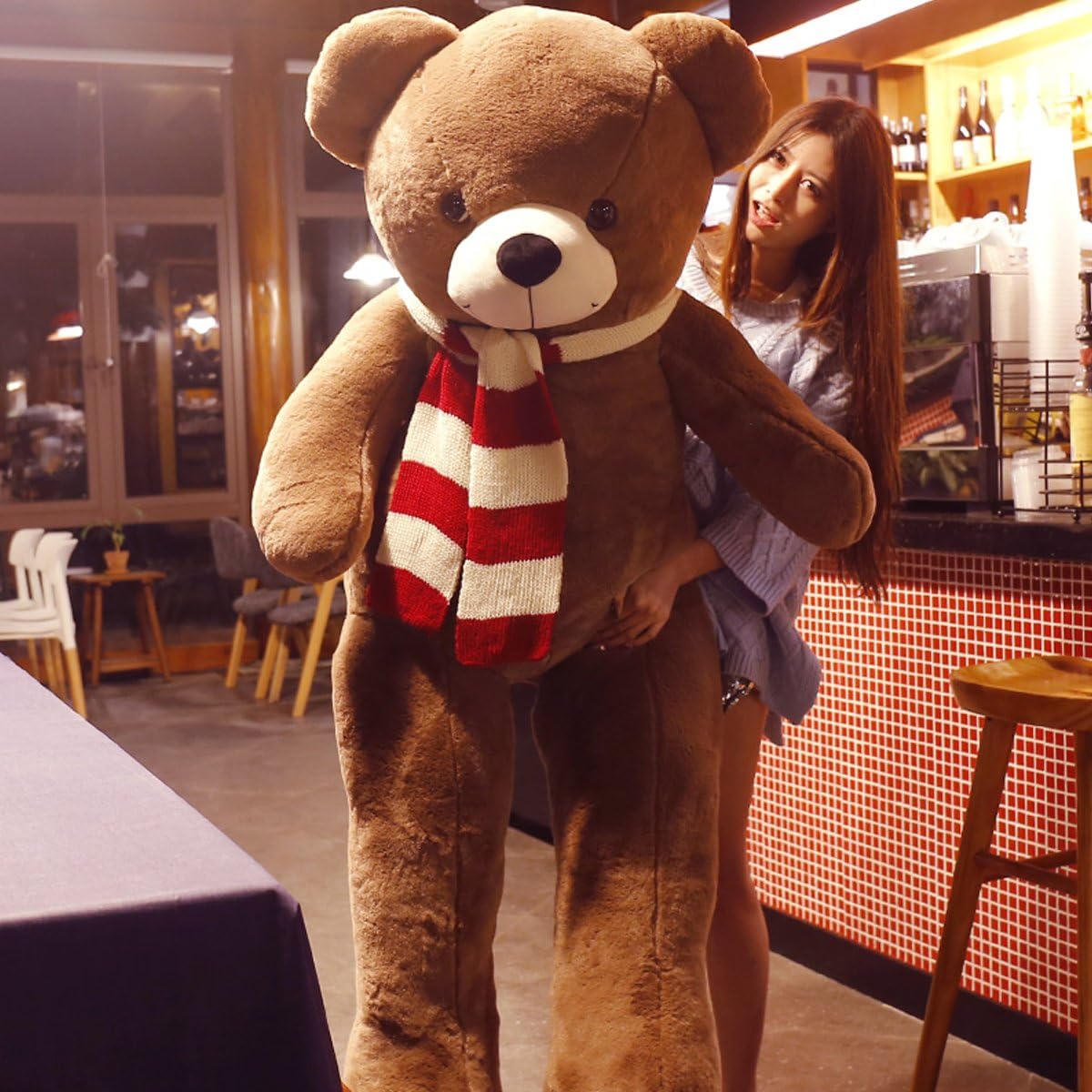 Plush Extra Large Teddy Bear Cute Bear Animal Large Bear Hug Pillow/Celebration/Fluffy Stuffed Animal Big Size (140cm, As Pictured Dark Brown Red and White Striped Scarf)