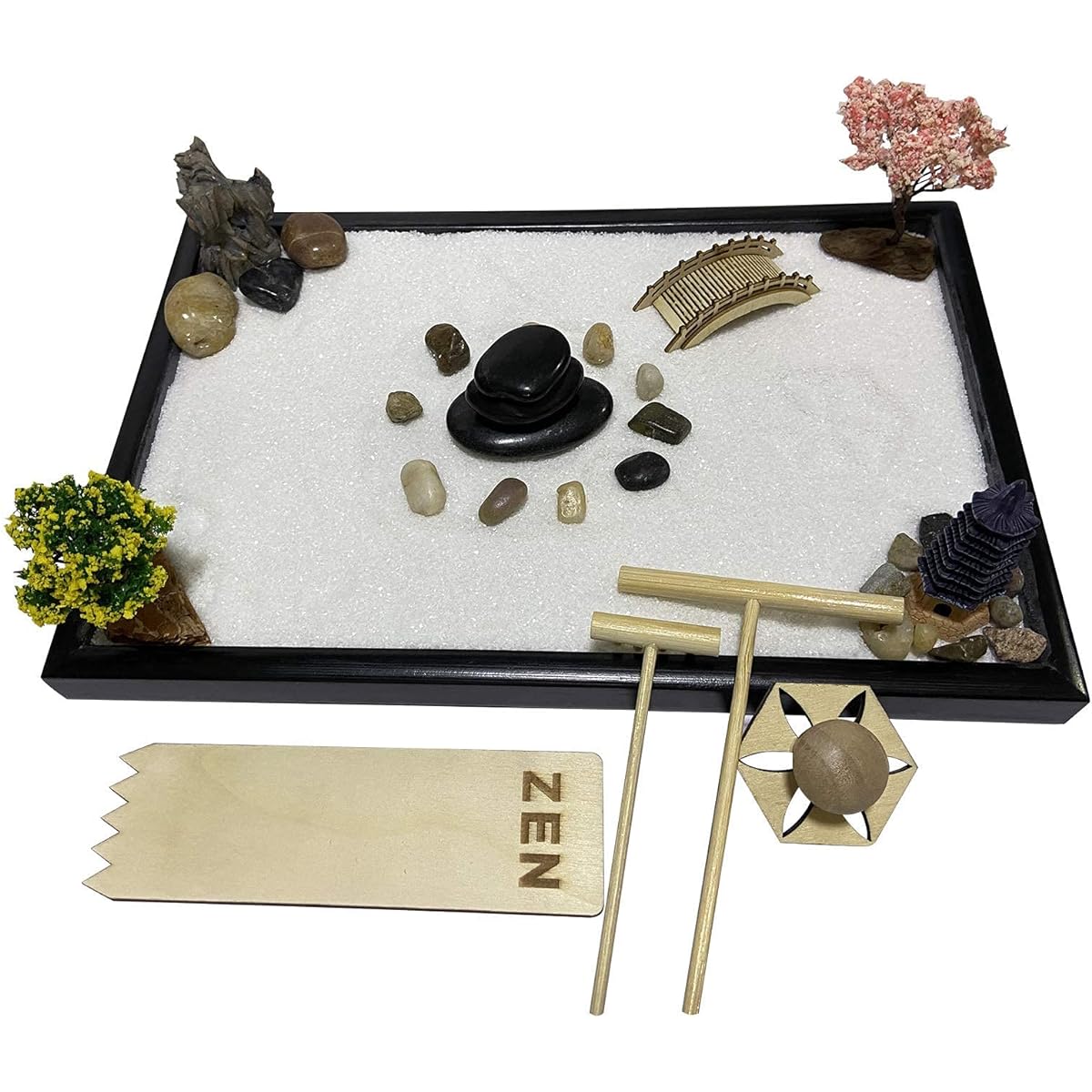 Oritlife Japanese Relax Desktop Zen Garden Kit for Desk Mini Meditation Kit with Square Sandbox 11.8" x 8" Balance Stone Bamboo Rake White Sand Cherry Tree