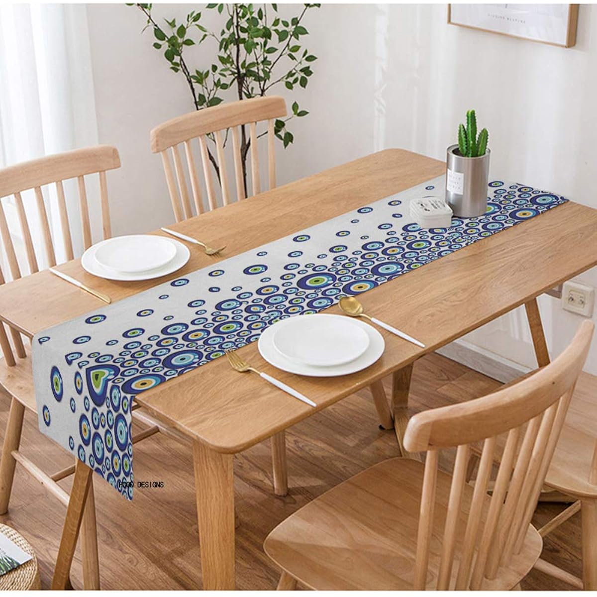 HGOD DESIGNS Eye Table Runner Blue Turkish Evil Eye Bead Pattern Cotton Linen Table Runner Home Decor Kitchen Dinner Tea Tablecloth Placemat 14" x 72"