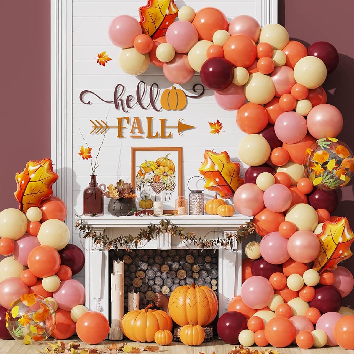 Fall Balloon Garland Arch Kit 138pcs Orange Blush Burgundy Rose Gold Pink Balloons Maple Leaf Foil Balloons for Fall Thanksgiving Friends Giving Party Decorations