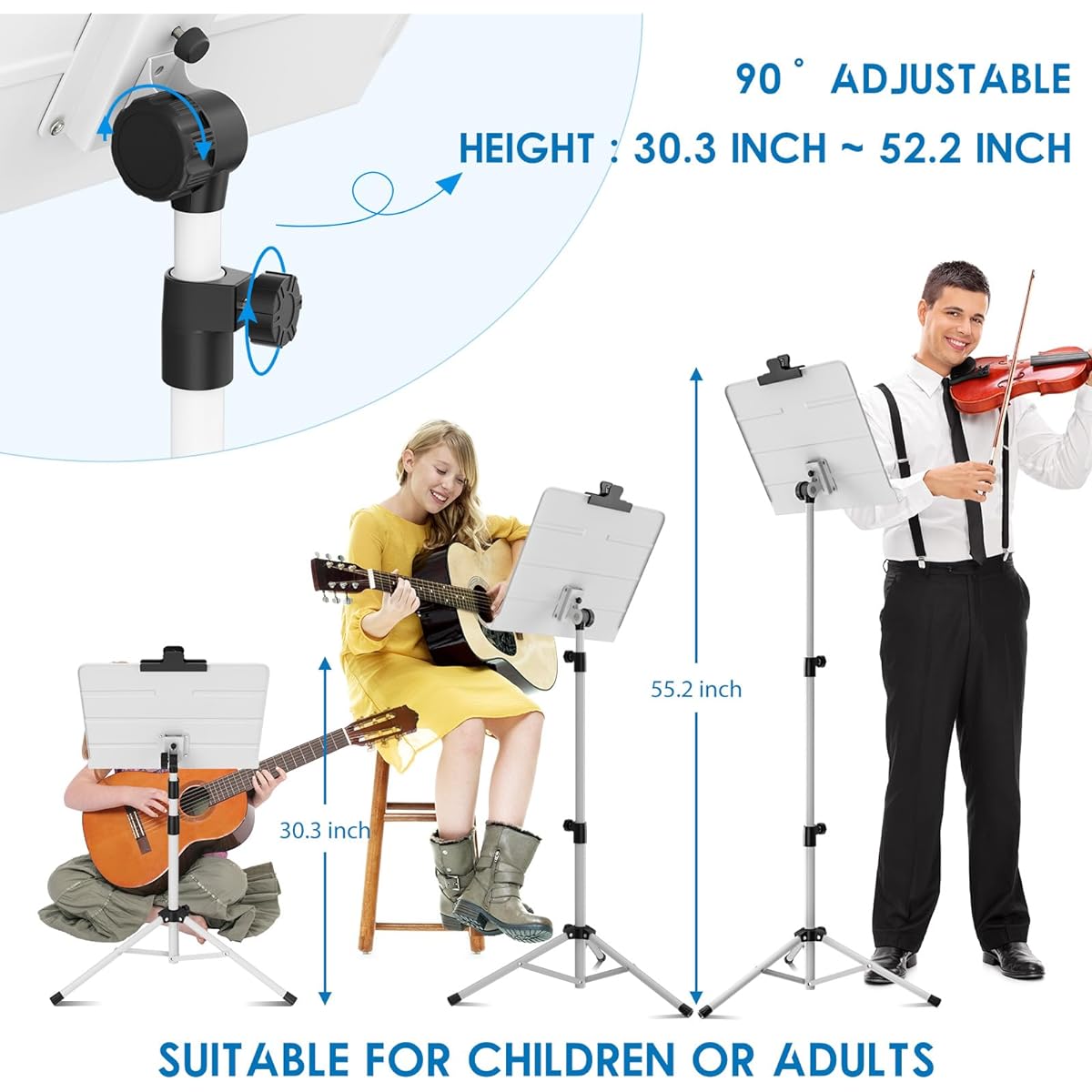 Kasonic Dual-Use Foldable Sheet Music Stand & Desktop Book Stand Portable Carry Bag Sheet Music Folder with Clip Holder (White)