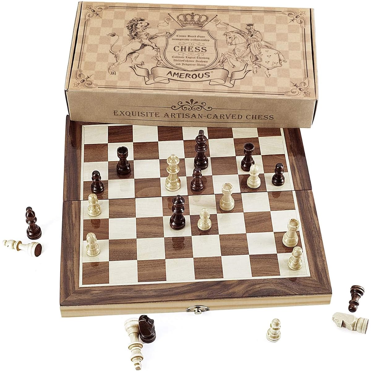 Chess Set 12x12 Folding Wooden Standard Travel International Chess Game Board Set with Magnetic Crafted Pieces by Amerous