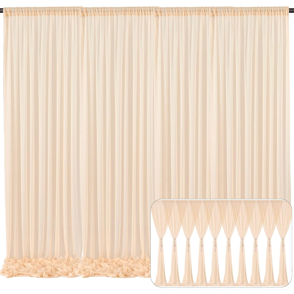 50x10ft Champagne Sheer Backdrop Curtains for Party Wedding Baby Shower Birthday Arch Decoration Wrinkle Free Background Curtains 10 Panels 5x10ft
