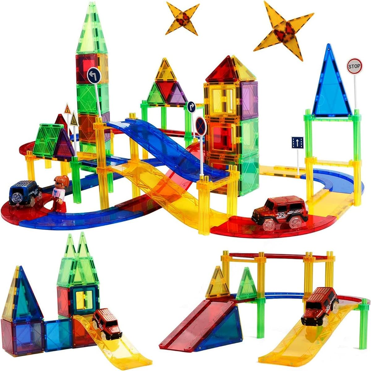 MAGBLOCK 82 Pieces Magnetic Blocks Car Rail Set Car Panel Slope Magnetic Blocks Educational Toys for Kids Boys Girls Birthday Present Christmas Gift with Vehicle