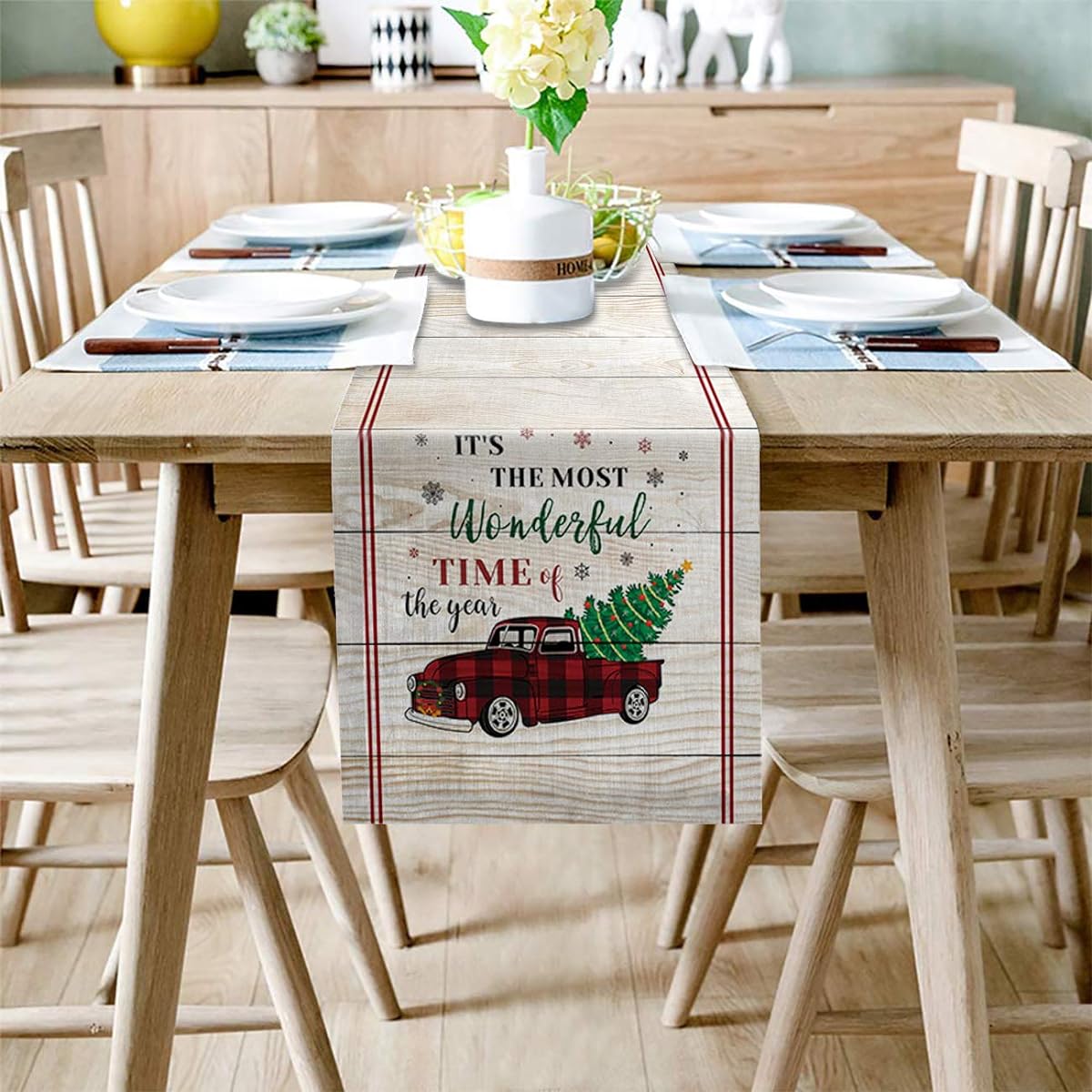 Anoreya 13x90 Inch Christmas Table Runner Dresser Scarf for Kitchen Dining Family Dinner Wedding Decor Linen Burlap Table Runner with Red Truck Christmas Tree and Snowflakes Wood