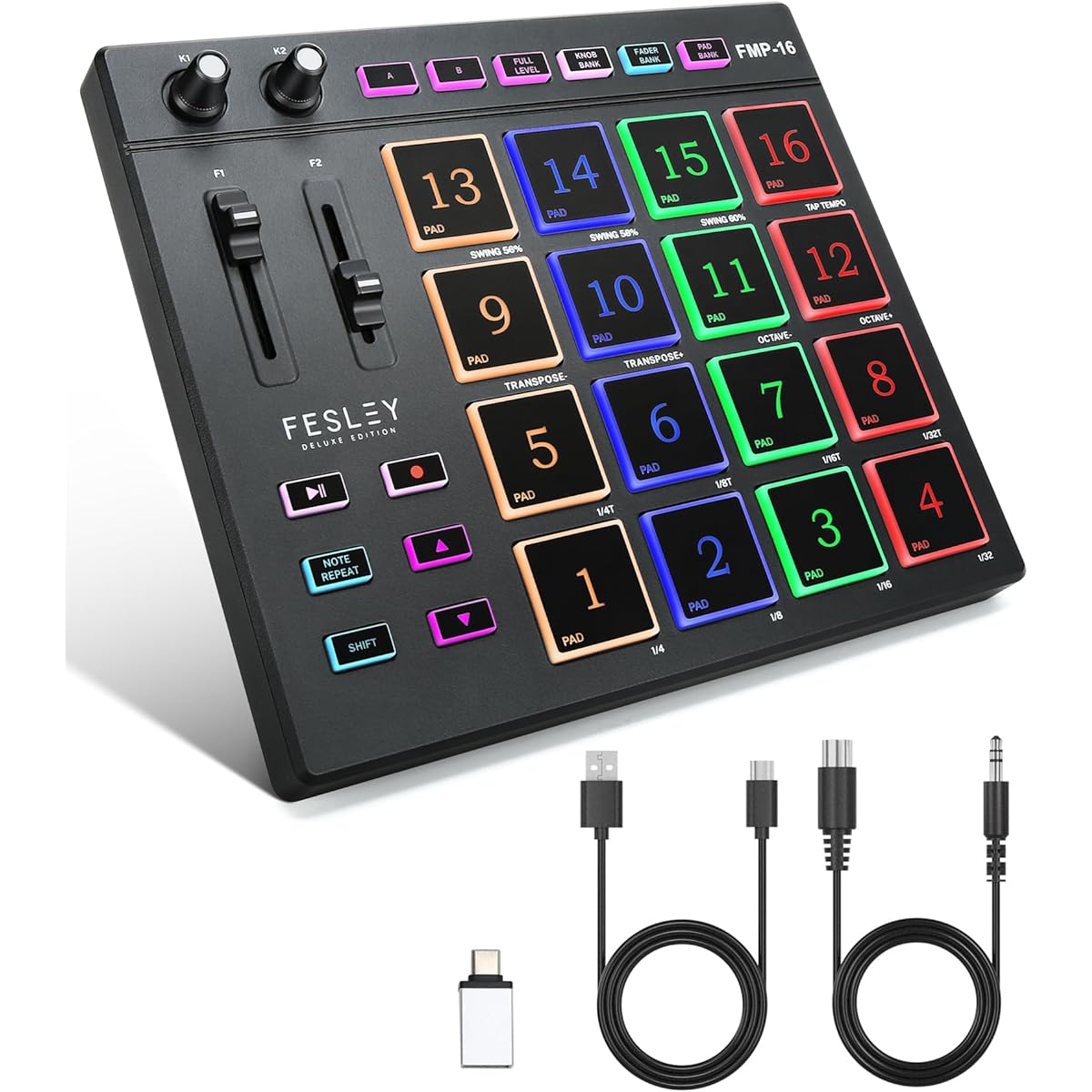 Fesley MIDI Pad Beat Maker, USB MIDI Keyboard Controller with 16 Drum Pads for Beginners, 2 Assignable Faders & Knobs, Note Repeat & Full Level Buttons, Portable Beat Machine for Music Production