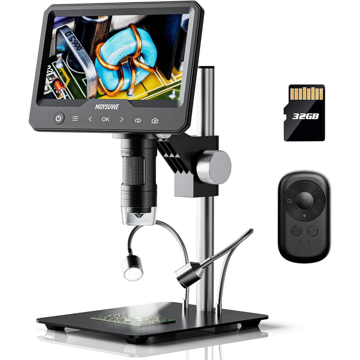 MOYSUWE LCD Digital Microscope 1200X Coin Magnifier with 7" Screen 1080P Soldering for Adults Reinforced Metal Bracket LED Light PC View Photo/Video Storage Windows/Mac 32GB Black MDM701
