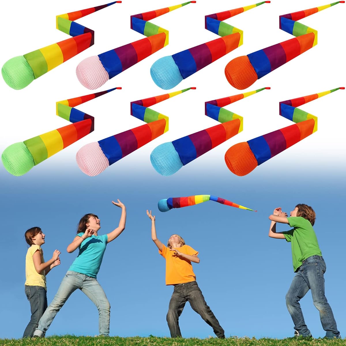 Leyndo 8pcs Throw & Catch Balls with Rainbow Tails, Soft Rainbow Play Balls Sports Comet Balls Playground Toys Bulk for Indoor/Outdoor Games and Activities, Fun to Throw for School, 25.59" Long