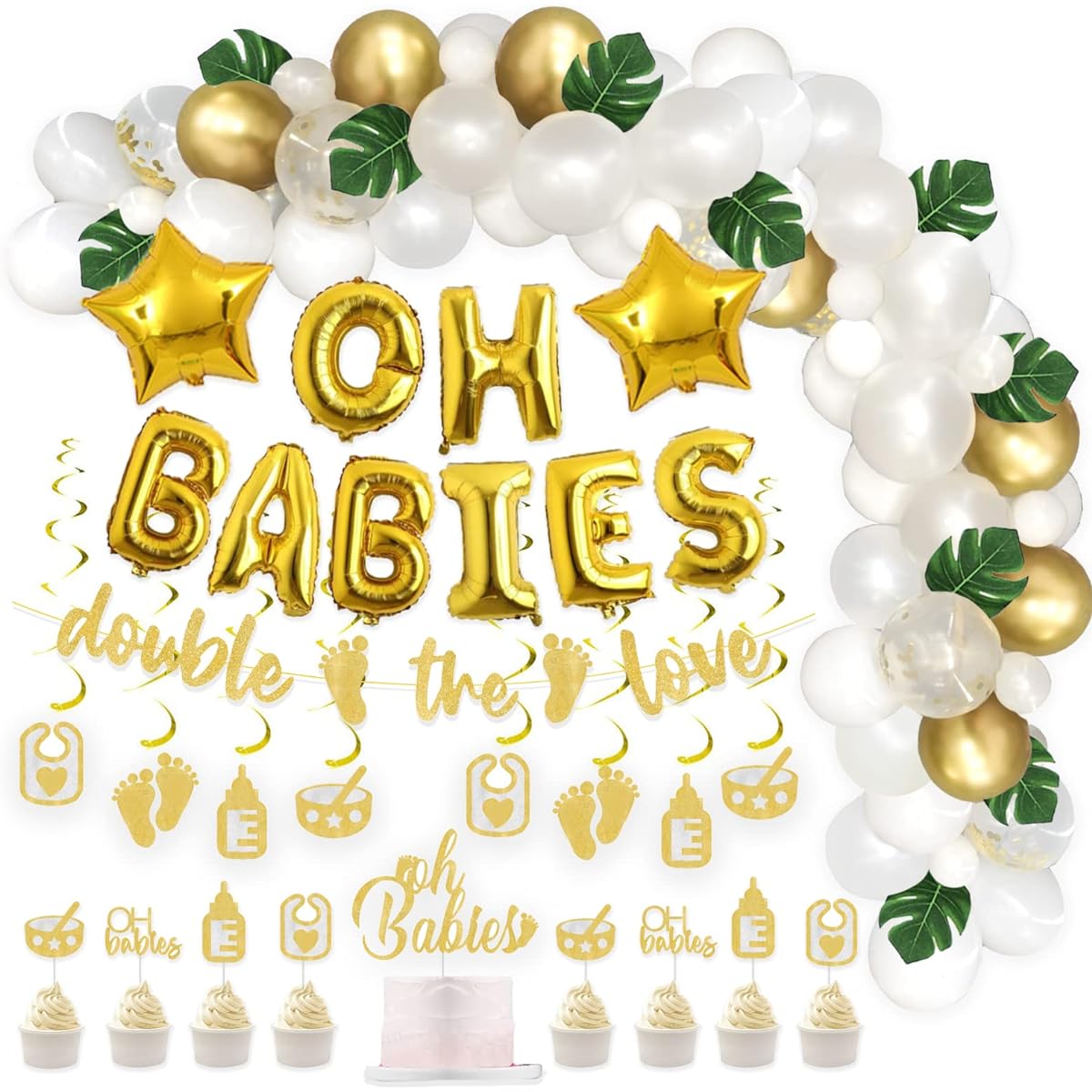 Fiesec Oh Babies Foil Confetti Balloons Twins Baby Shower Decorations 110 Pieces Artificial Leaves Double The Love Glitter Banner Hanging Swirl Cake Cupcake Toppers Gold White Green