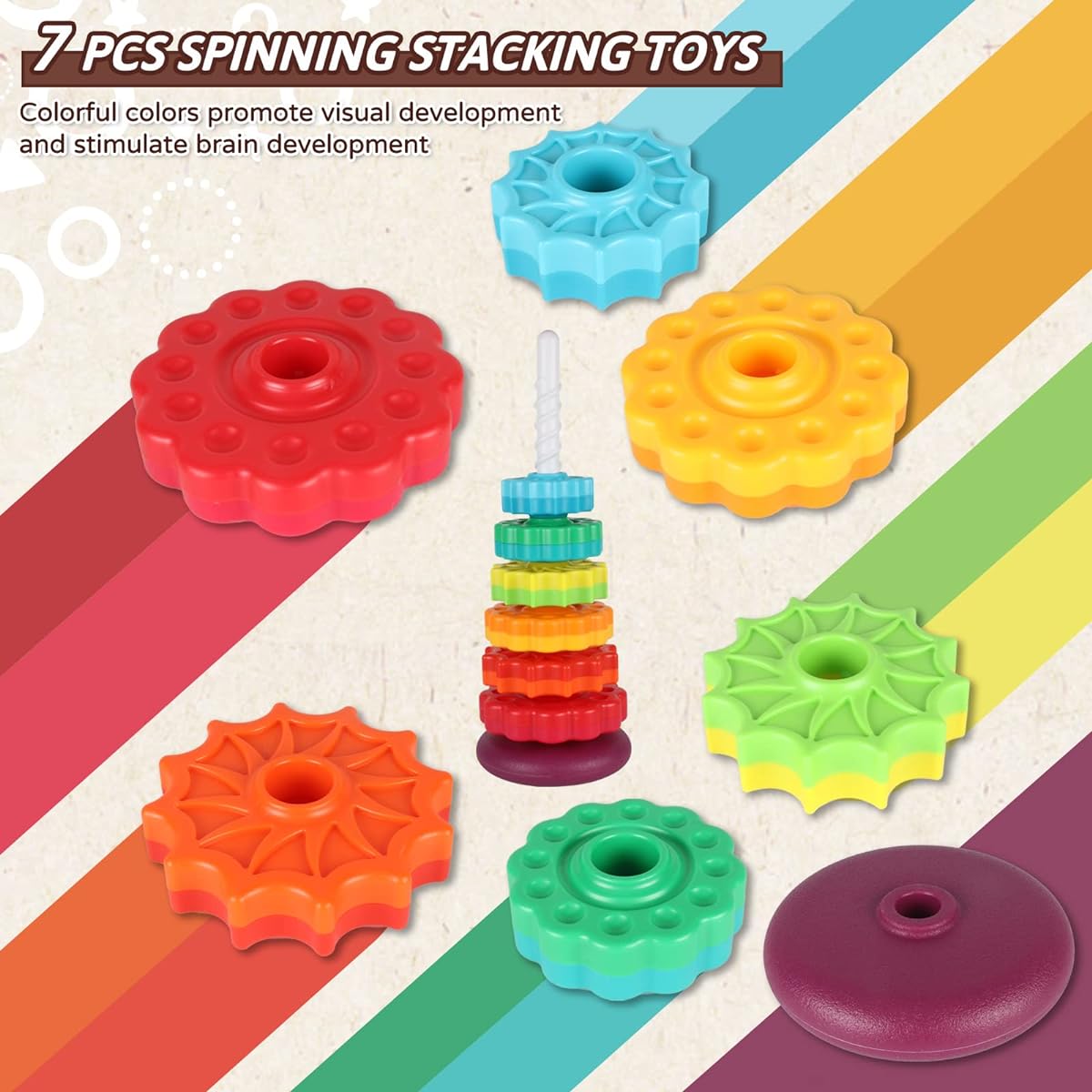 JUXUE Spinning Toy, Rainbow Stacking Toys for Toddlers 1-3, Ring Stacker Baby Toys 6 to 12 Months, 1 One Year Old Girl Boy Christmas Birthday Gifts, Montessori Educational Learning Autism Sensory Toy