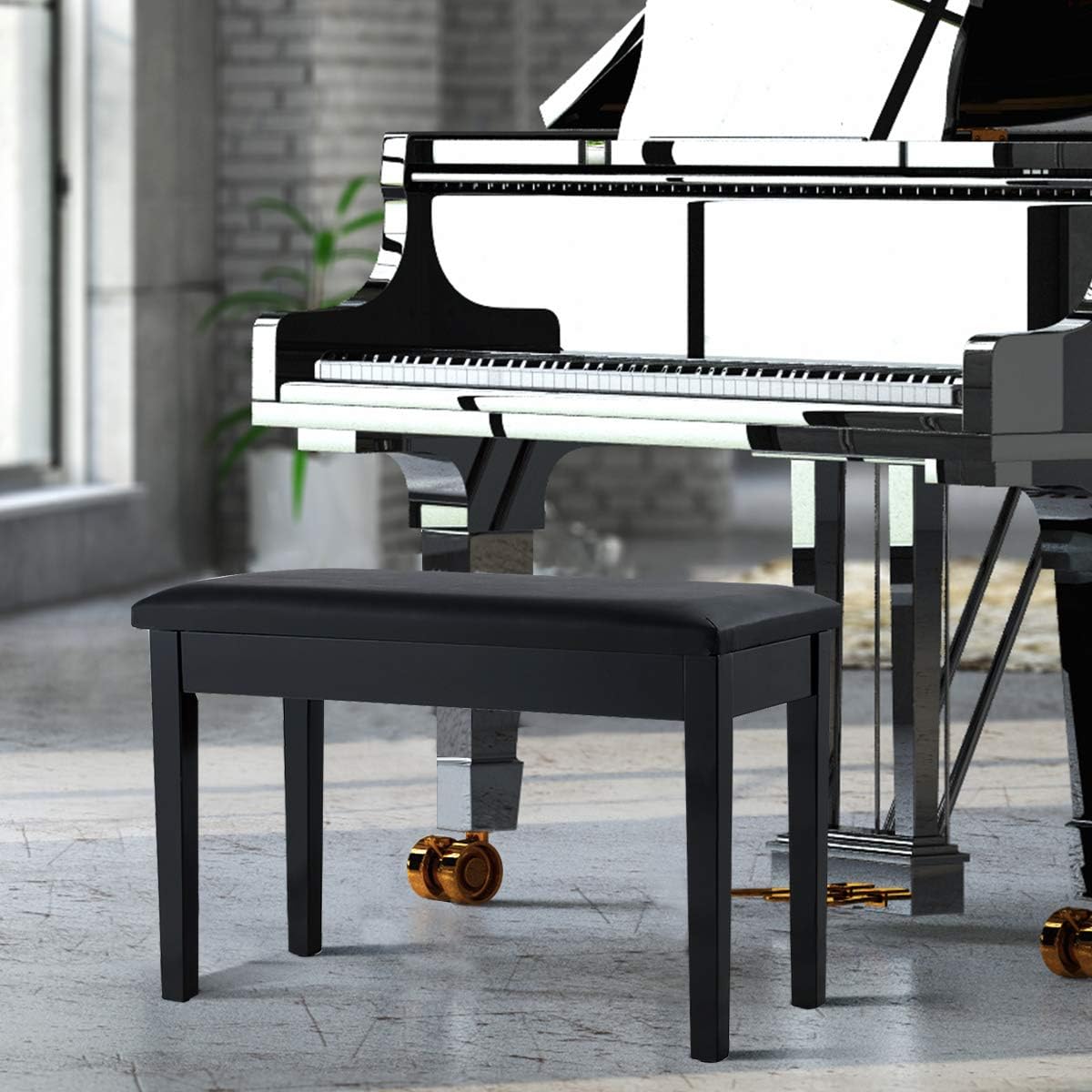 Giantex Piano Bench with Padded Cushion Music Storage Comfortable Double Duet Seat Wooden Legs Perfect for Professional or Home Use PU Leather Piano Stool (Black)