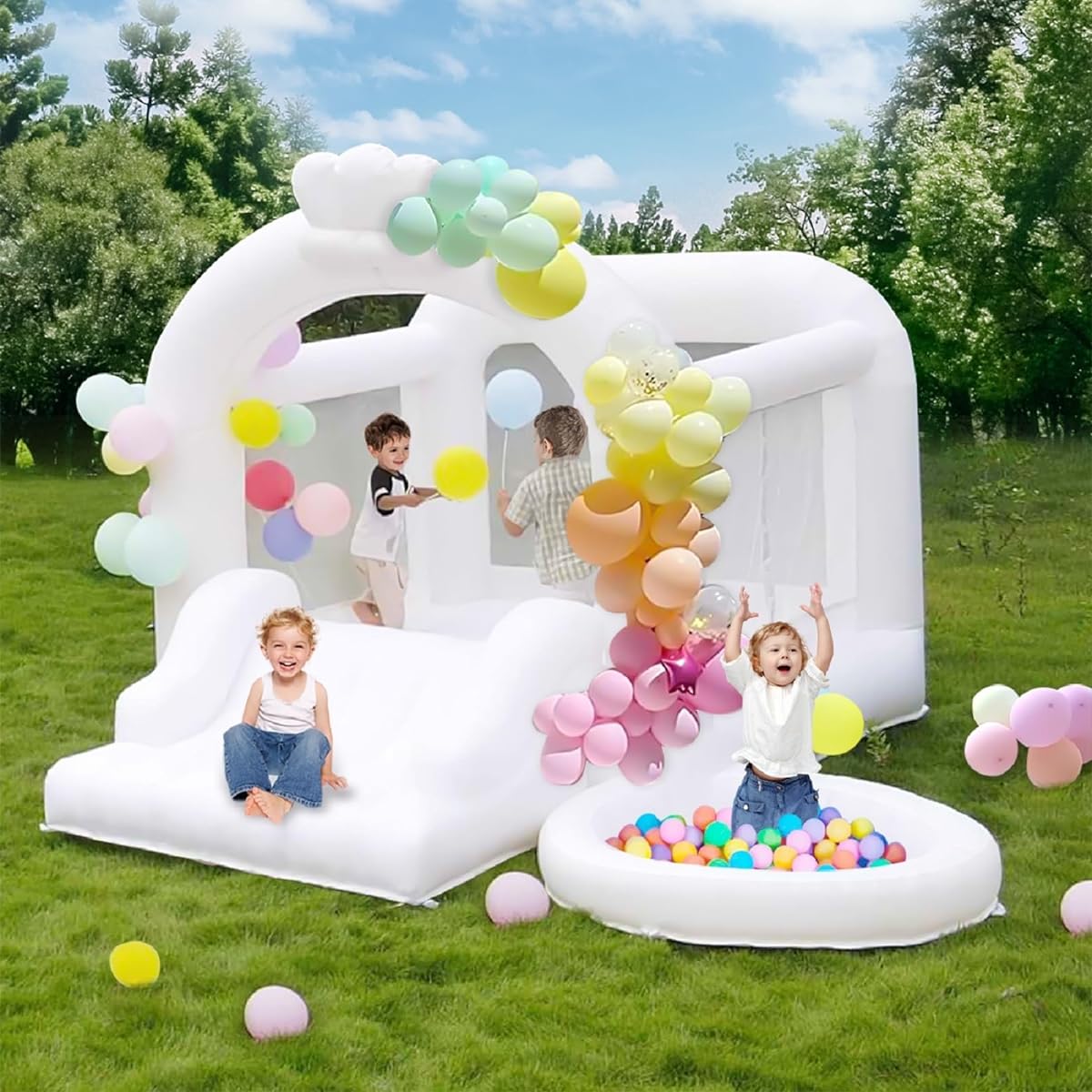 Step4Fun White Bounce House with Sliding Ball Pit for Family Backyard Inflatable Bouncy Castle with Blower for Wedding Party Kids Birthday Party Gift Easy Installation Durable Oxford Cloth