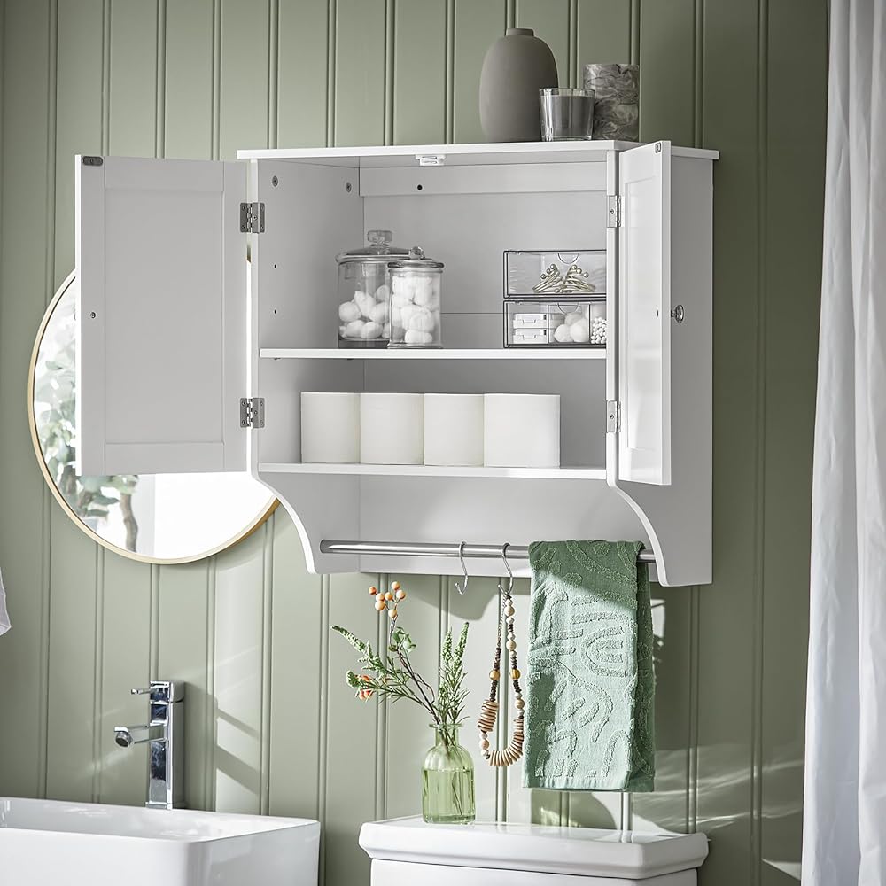 SoBuy Hanging Shelf, Wall Hanging Shelf, Wall Storage, Washroom Storage, Towel Rack, Width 60 x Depth 30 x Height 60, Movable Shelf, Wooden, Scandinavian Style, Towel Hanger, Toilet Storage, Kitchen Storage, Storage Shelf, Laundry Storage (BZR84-W)