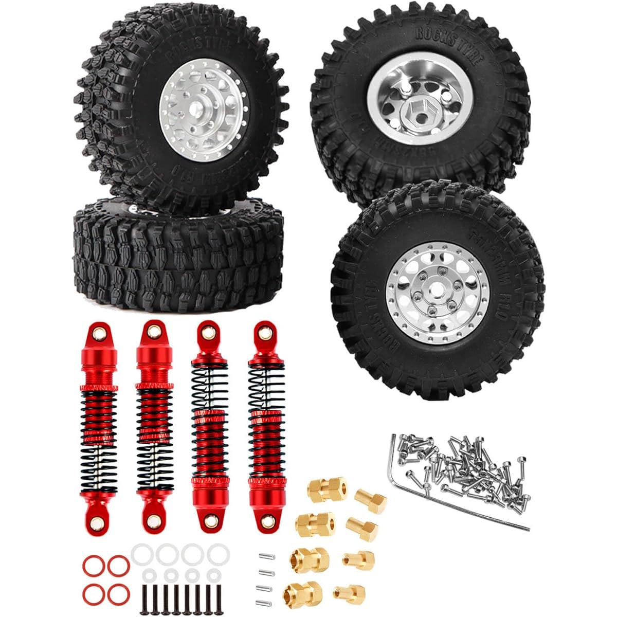 RCMYou RC Upgrade Parts Silver RC Wheel Tire & Red Shock Absorber Damper Brass 10mm Extended Wheel Hex & 6mm Extender Adapter Hop Up for 1/18 Traxxas TRX4M