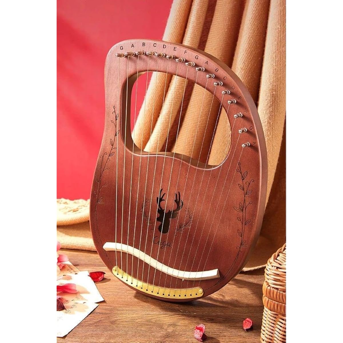 Lyre Harp 16 Strings Wooden Beginner String Instrument Red