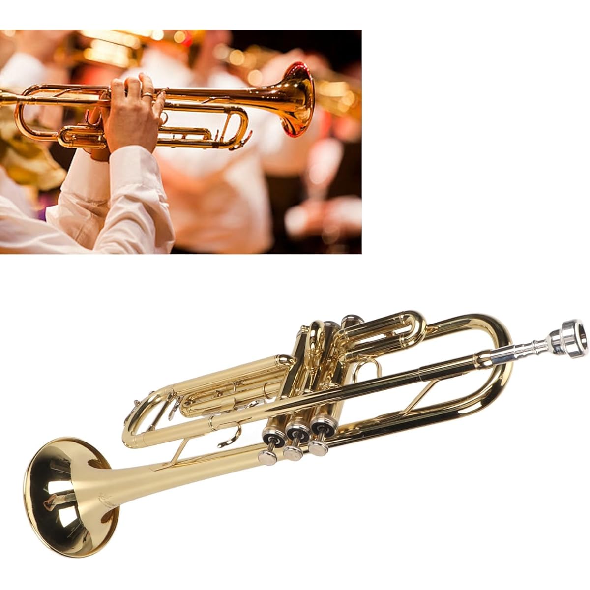 Trumpet Wind Instrument, Nickel-plated Process, Comfortable Keys, Smooth Movement, Low Bb Trumpet for Beginners for Daily Performance (Gold)