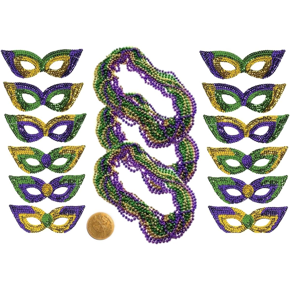 Mardi Gras Sequin Mask & Beads 12 Face Masks, 36 Necklaces, Mardi Gras Krewe Doubloon