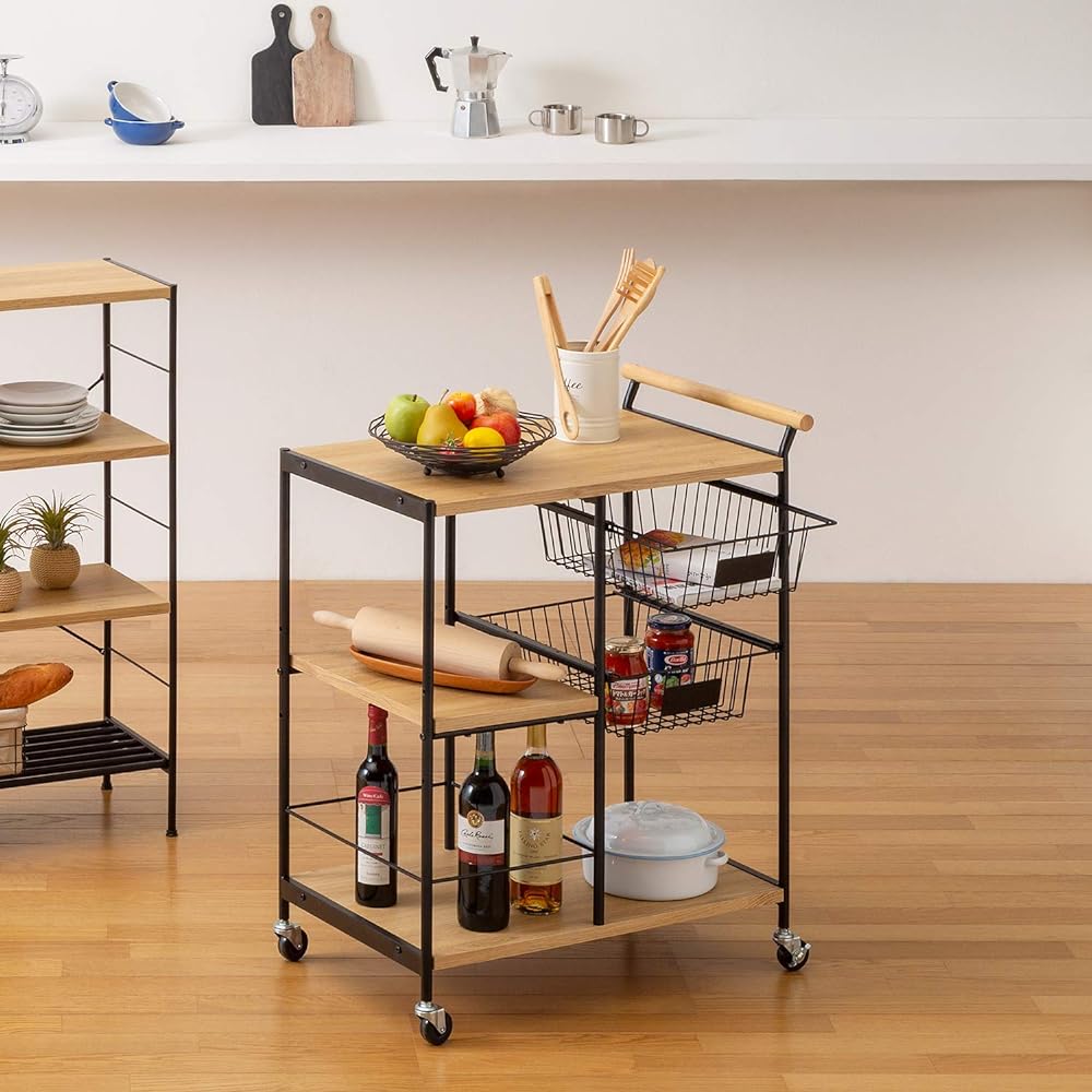 Shirai Sangyo Kitchen Wagon Stocker with Casters Natural Brown Width 69.2 Height 84.8 Depth 44.5cm RNT-8570W Rinatura