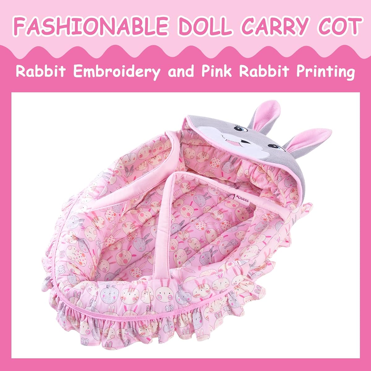 Doll Carrycot with Pink Rabbit Embroidery, Cute Rabbit Print Carrycot for 16 Inch Dolls