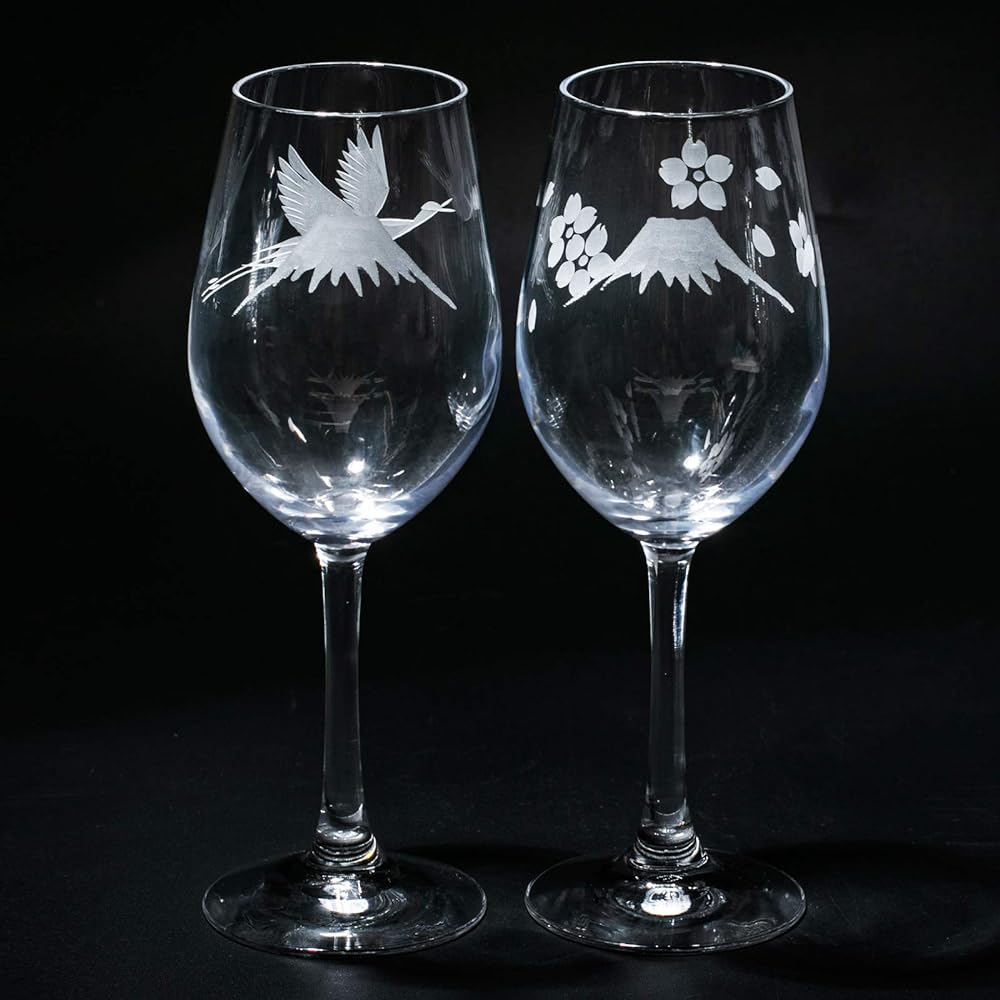 [Taimuro Kobo Official] Edo Kiriko Mt.Fuji with Cranes and Cherry Blossom Wine Glasses Pair (Transparent) TB0080-32/0080-33 Comes in a Presentation Box Made in Japan