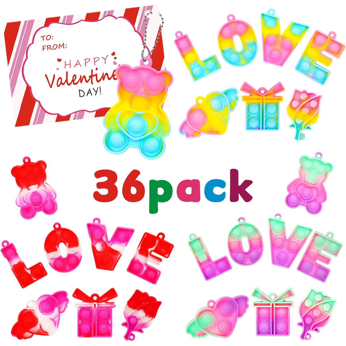 Valentine's Day Gifts for Kids, 36 Pack Valentine's Day Cards for Kids, Mini Push Pop Bubble Fidget Toys for Boys/Girls, Valentine's Party Favors, Classroom Exchange, Classroom Giveaways, School Supplies