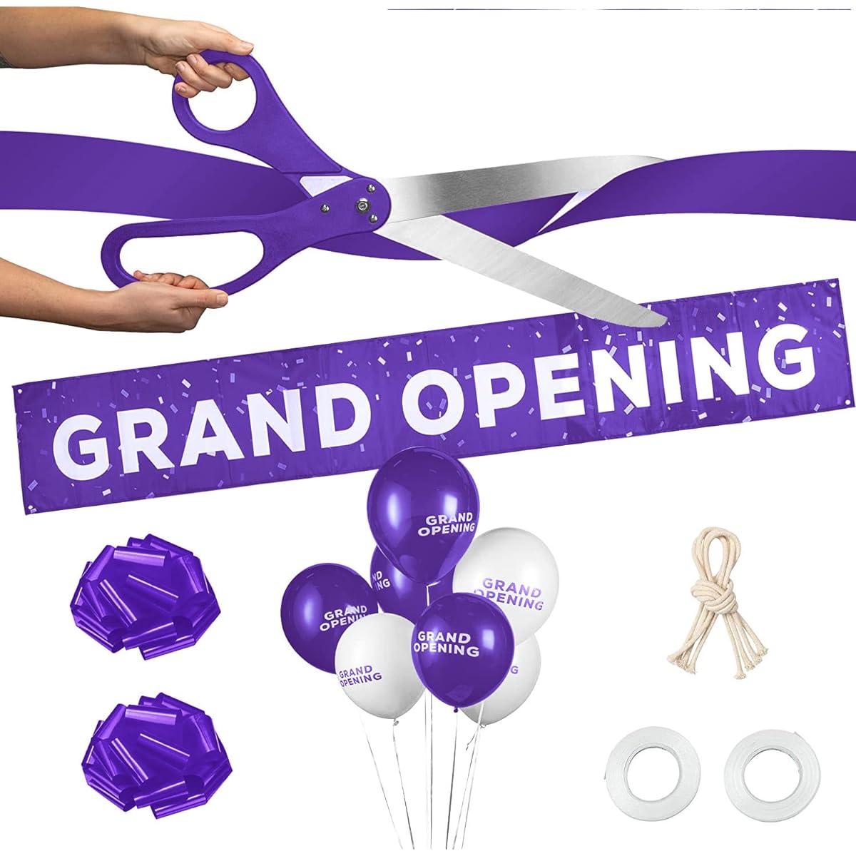 Deluxe Purple Grand Opening Ribbon Cutting Ceremony Kit - 25" Giant Scissors with Purple Satin Ribbon, Banners, Ribbons, Balloons, and More