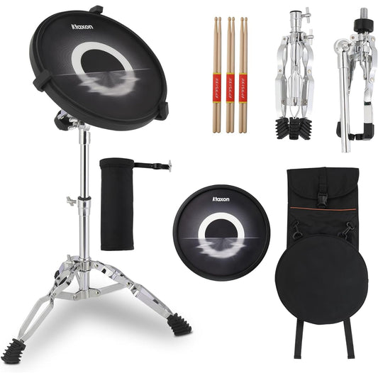 Ktaxon Drum Practice Pad Set Snare Drum Stand Kit with 12" Silent Drum Pad, Drumstick Holder, Bag, and 3 Pairs of Drumsticks. Height Adjustable Pad Stand Compatible with 10" to 14" Drums (Black)