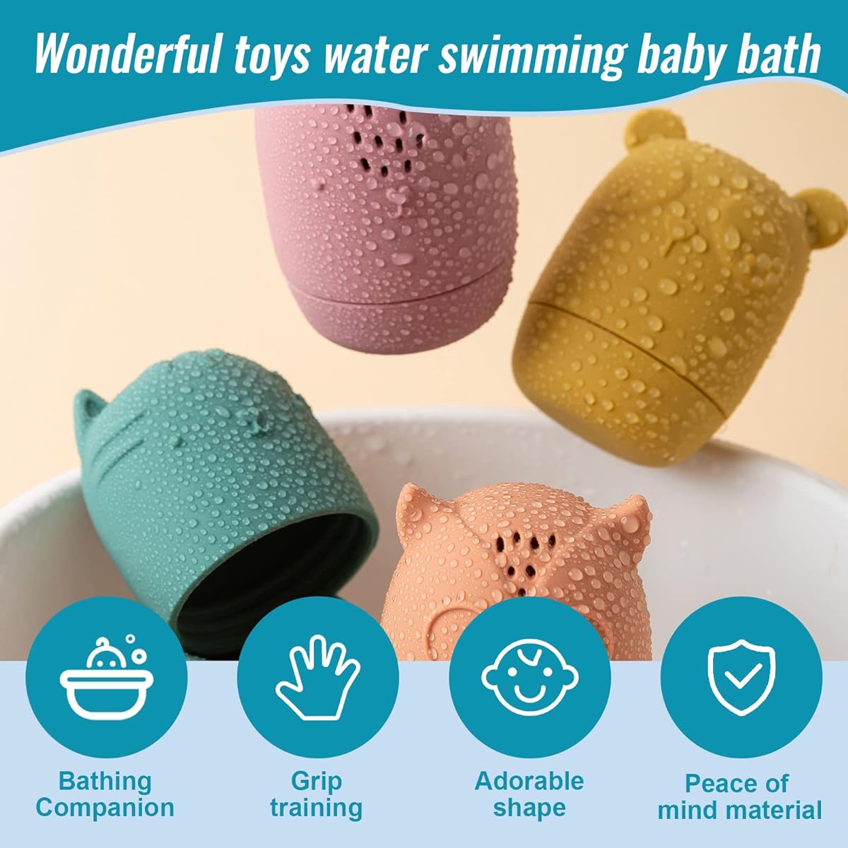 BABY REMEMBER Baby Bath Toys 4 Pieces 100% Food Grade Silicone Bath Toys Baby Pool Toys (4 Pieces), (PGJ0008)