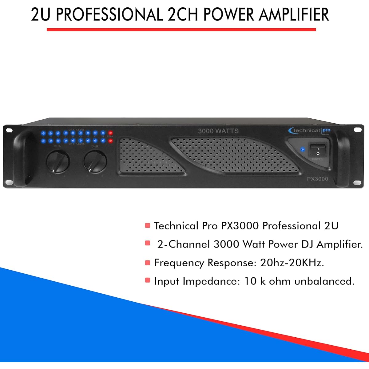 Technical Pro Professional 3000 Watt 2U 2 Channel DJ Power Amplifier with Dual Cooling Speed Fans and Integrated Power Stabilizer