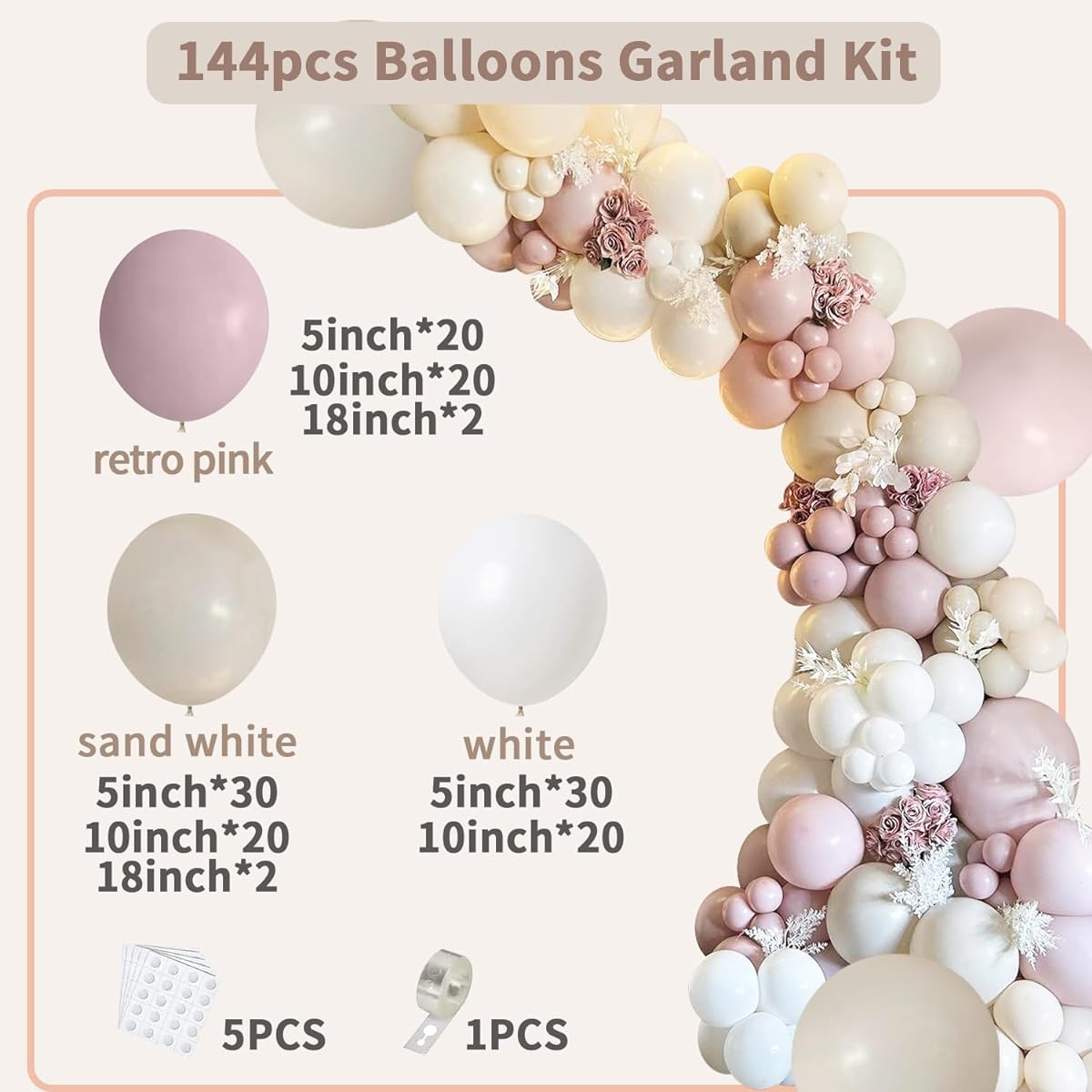 Fog Pink Sand White Boho Balloons, 144pcs Blush Beige White Pink Balloons for Girls Women Baby Shower Bride Shower Party Decorations