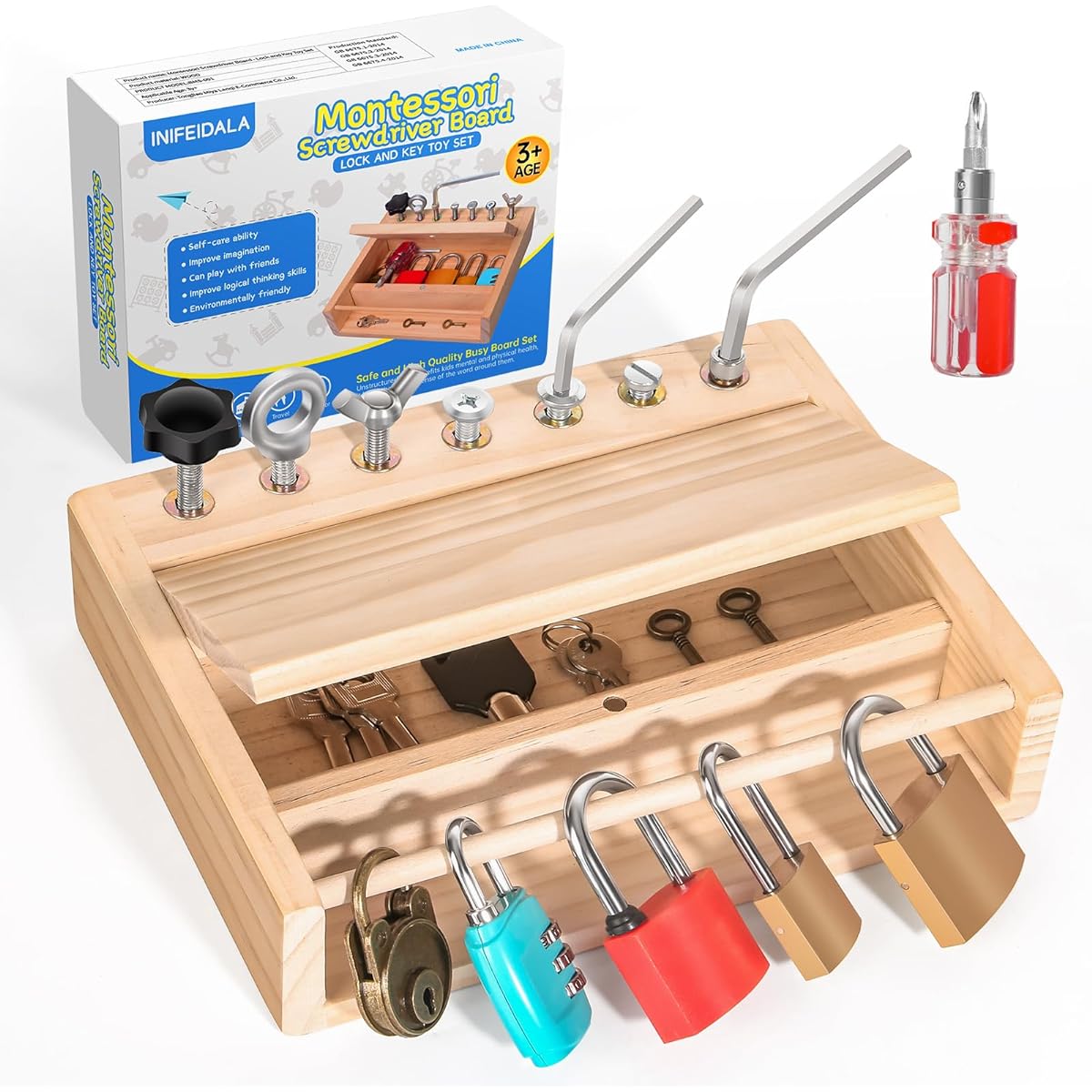 INIFEIDALA Montessori Screwdriver Board Lock and Key Toy Set, Wooden Montessori Toys for 3 4 5 Year Old Kids and Toddlers, Learning Sensory Bin Toys, Preschool Teaching Aids, Fine Motor Skills Toys, STEM Toys, BMS-001, Wood
