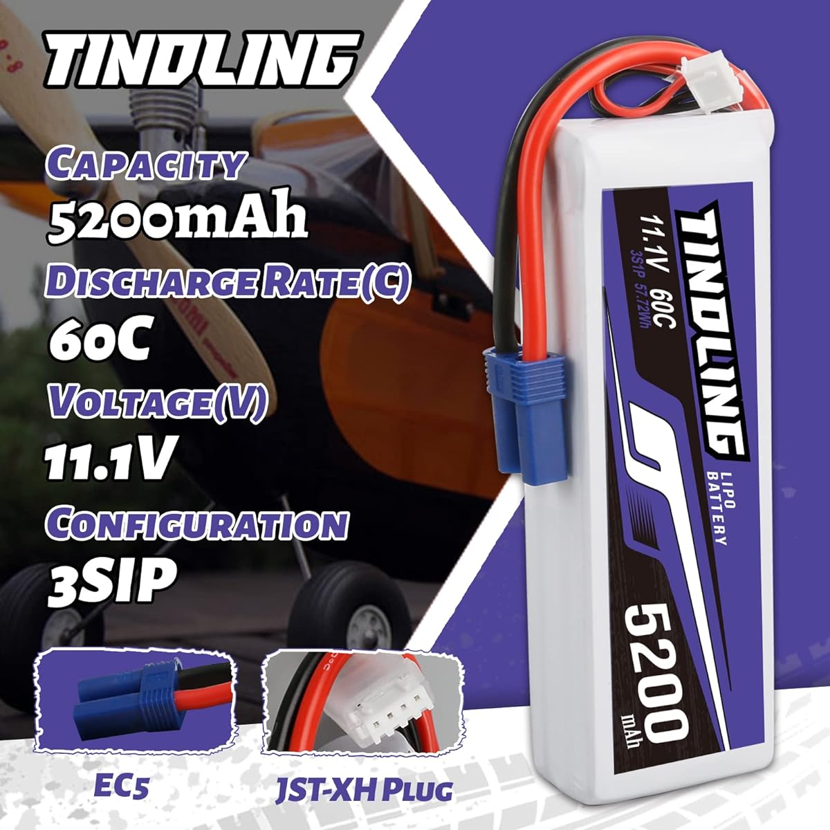 TINDLING Superior Series 3S Lipo Battery 11.1V 5200mAh 3S 60C Lipo Battery with Soft Case EC5 Plug for RC Car Airplane Helicopter RC Truck Boat RC Truck Boat RC Drone RC Model (2 Pack)