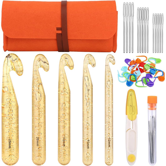 34pcs Large Crochet Hook Set, Ergonomic Large Crochet Hooks 12mm-25mm Giant Crochet Needle Set with Storage Bag, Stitch Markers, Large Eyes, Blunt Needles for Knitting Yarn, Scarves, Carpets