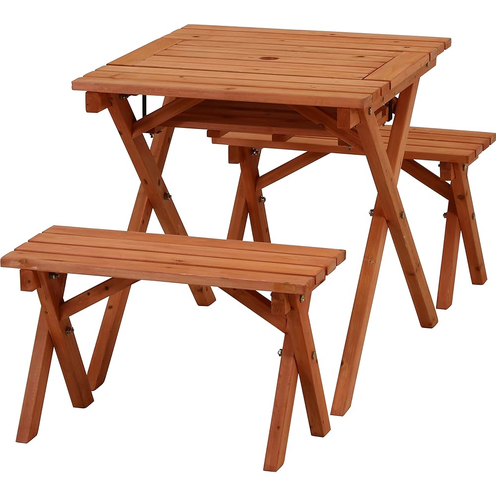 Fuji Boeki Garden Table Set BBQ Table & Bench Set Width 62 x Depth 75 x Height 65cm Orange 2 people With stove space and parasol hole Cedar wood 16817