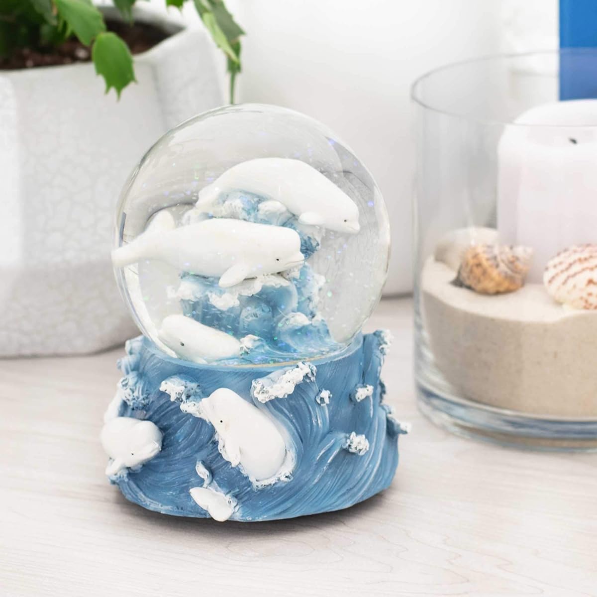 White Beluga Whale Ocean 100mm Music Water Globe Plays Tune Somewhere in Time