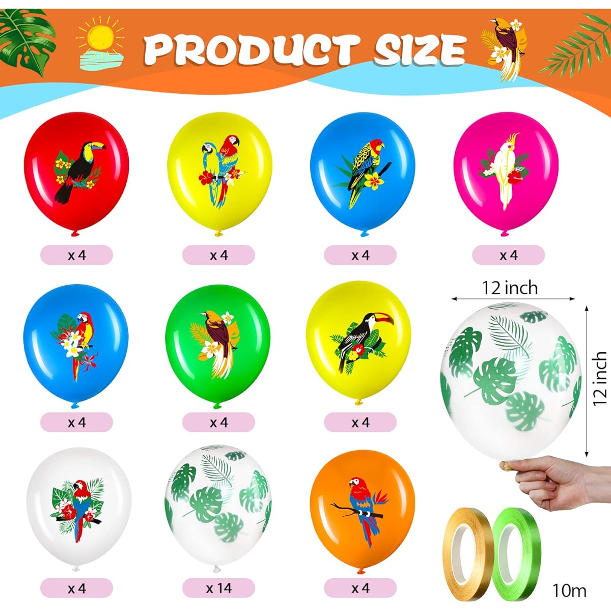 50pcs Hawaiian Balloons, Hawaiian Party Balloon Decorations for Luau Tropical Bird Party Aloha Party Hawaiian Luau Party Summer Beach Birthday Tiki Bar Party Wedding Supplies