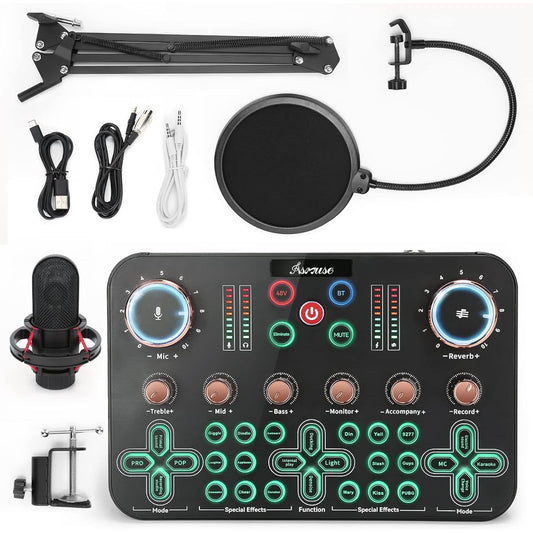 Asmuse Condenser Microphone Bundle Live Sound Card Set K20 Adjustable Streaming Microphone Stand with Metal Shock Mount and Pop Filter for Recording/Broadcasting/Streaming