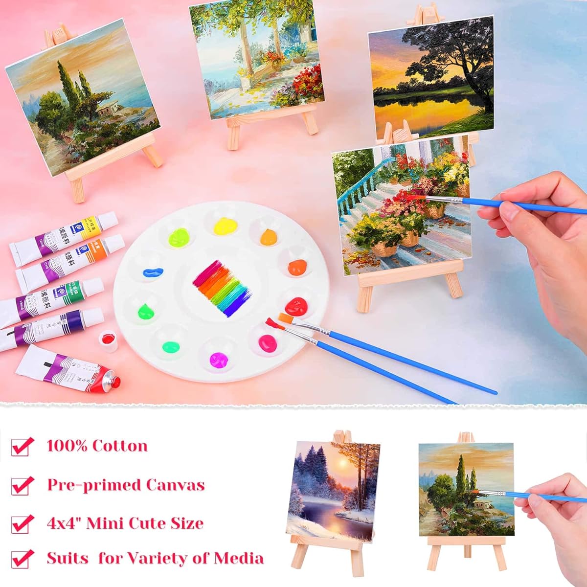 Paxcoo 60 Piece Mini Canvas Paintings Set, Mini Canvas Paintings Set 4 x 4 Inch Small Painting Canvas Mini Easel Acrylic Paint Paint Brush Paint and Puffy Art Party Supplies