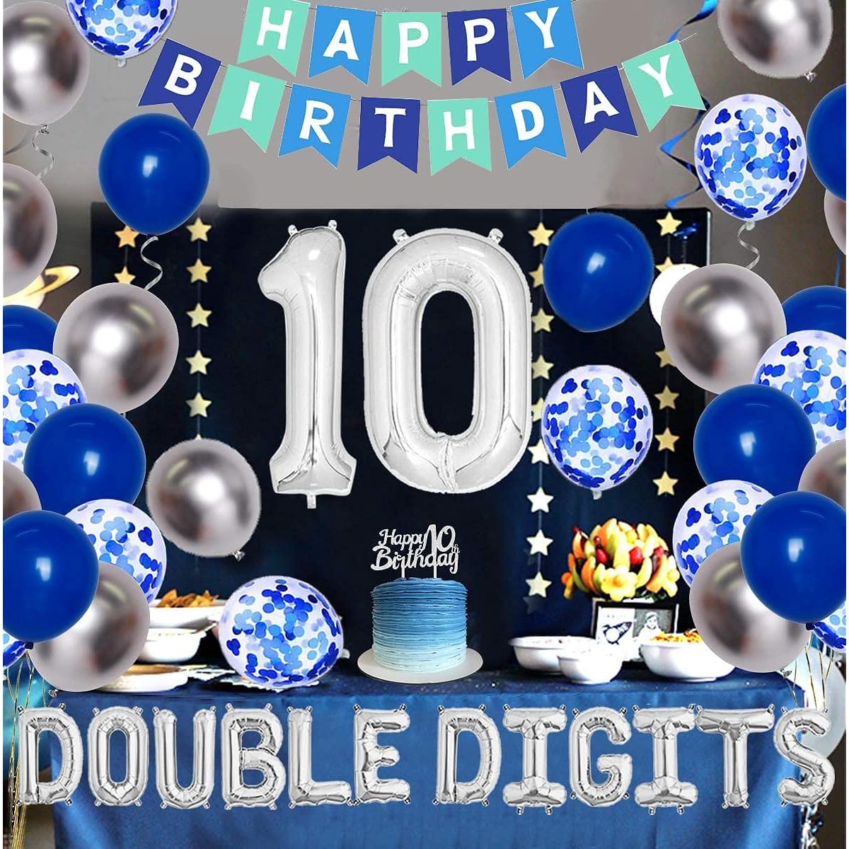 2 Digit 10th Birthday Decorations Blue Balloons Boys Girls 10th Birthday Party Supplies Happy Birthday Banner Sash Cake Topper Confetti Balloons 30 Pieces