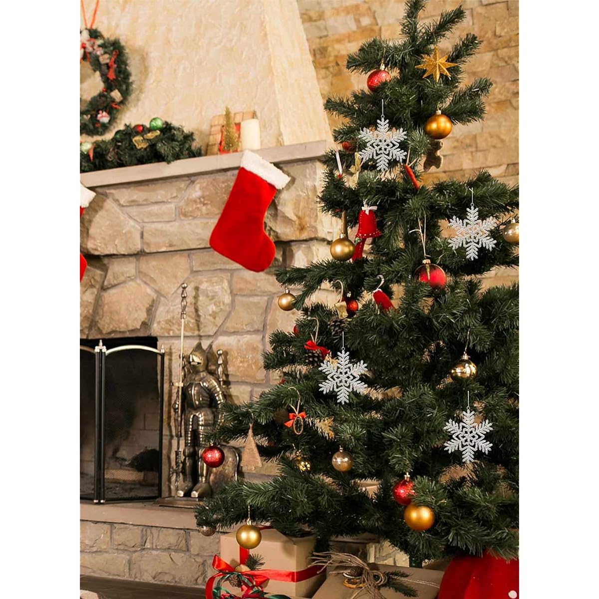Serene Spaces Living Set of 6 Hanging Glass Bead Snowflake Ornaments, Christmas Tree Ornaments, Glitter Ornaments for Holiday Decorations, Winter Wonderland Themed Wedding, 6" Diameter