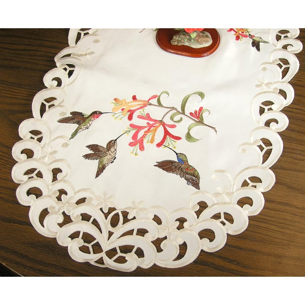 Embroidered Table Runner with Hummingbird and Trumpet Vine Flowers on Cream, 14 by 34 inches, Machine Washable