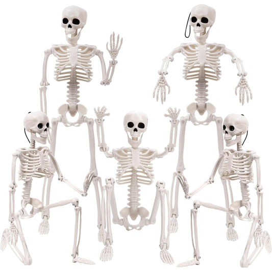 XIMISHOP 5pcs Halloween Hanging Skeletons, 16" Full Body Poseable Halloween Skeleton Decoration with Movable Joints for Halloween Graveyard Haunted House Decoration Indoor Outdoor Spooky Scene