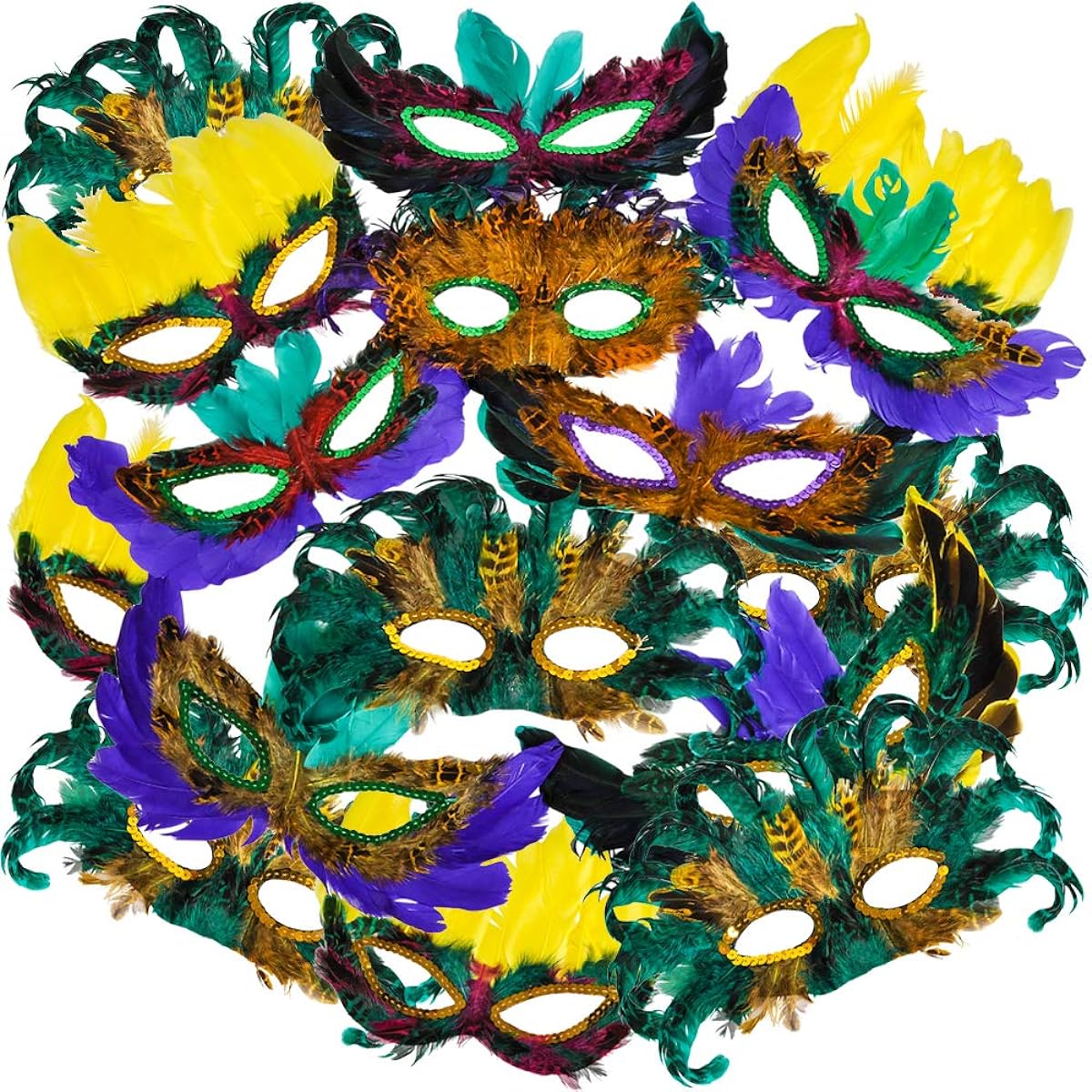 Bedwina Mardi Gras Masks - (50 Pack) Bulk Carnival Masquerade Masks Costume Party Supplies Feather Mardi Gras Decorations for Women Men Kids