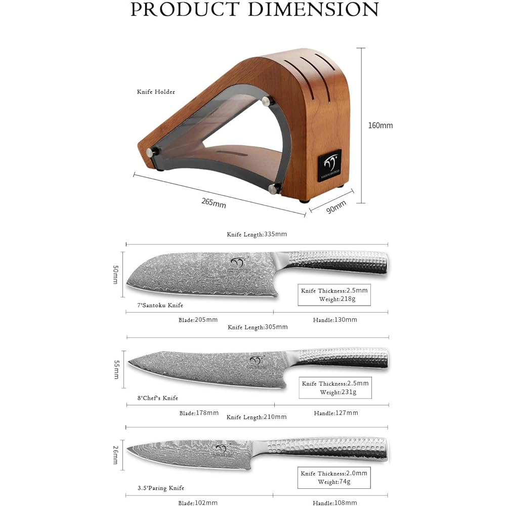 Nanfang Brothers Knife Set, VG10 Gold Damascus Steel, 67 Layers, 3 Pieces [Santoku Knife, Gyuto Knife, Petty Knife] Knife Block Set, Good Sharpness, Dishwasher Safe, Vegetable Cutting, Meat Cutting, Fruit Cutting, Multifunctional, For Cooking, Home Use,